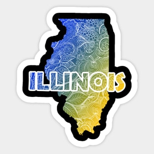 Colorful mandala art map of Illinois with text in blue and yellow Sticker